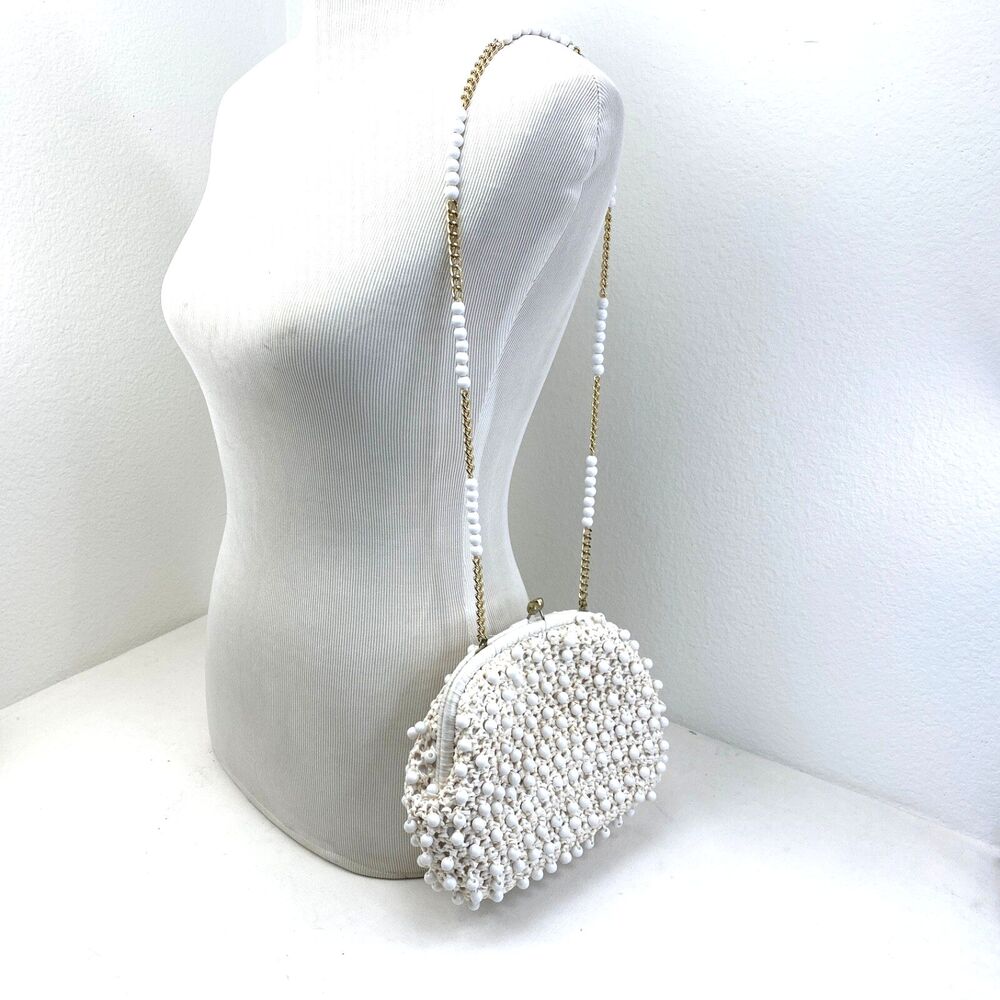 Vintage 60s Ritter White Raffia Plastic Beaded Purse Handbag Mod Hippie Wedding